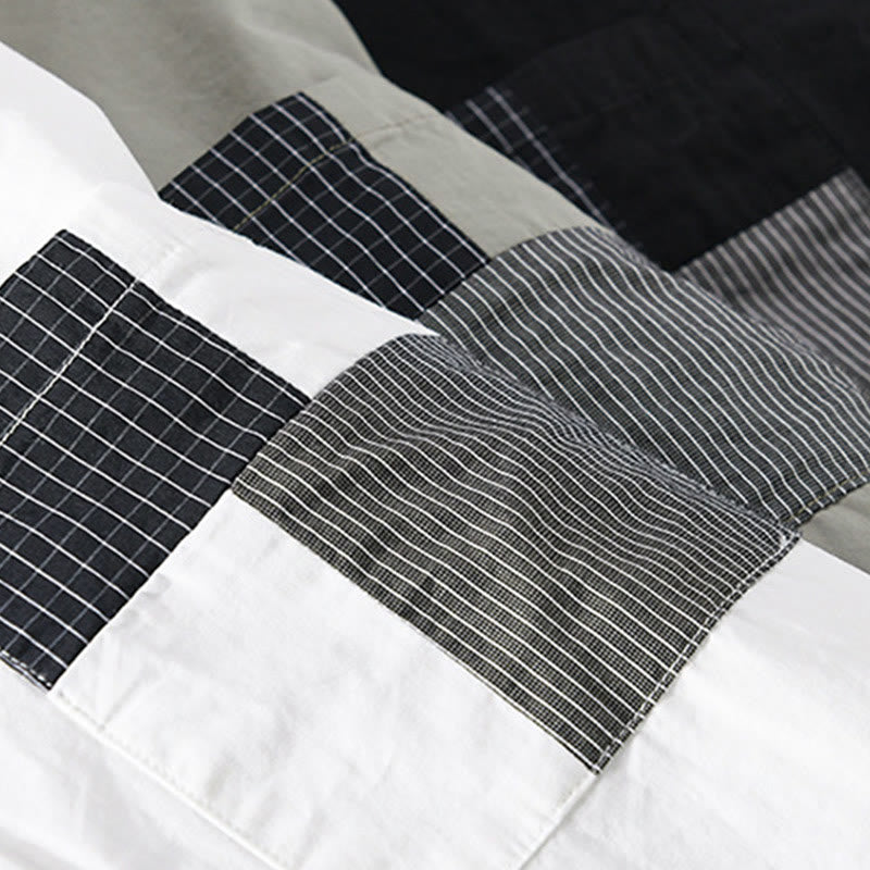 Buddha Stones Spring Daily Line Patchwork Design Lapel Men's Long Sleeve Cotton Linen Shirt With Pockets - image 26