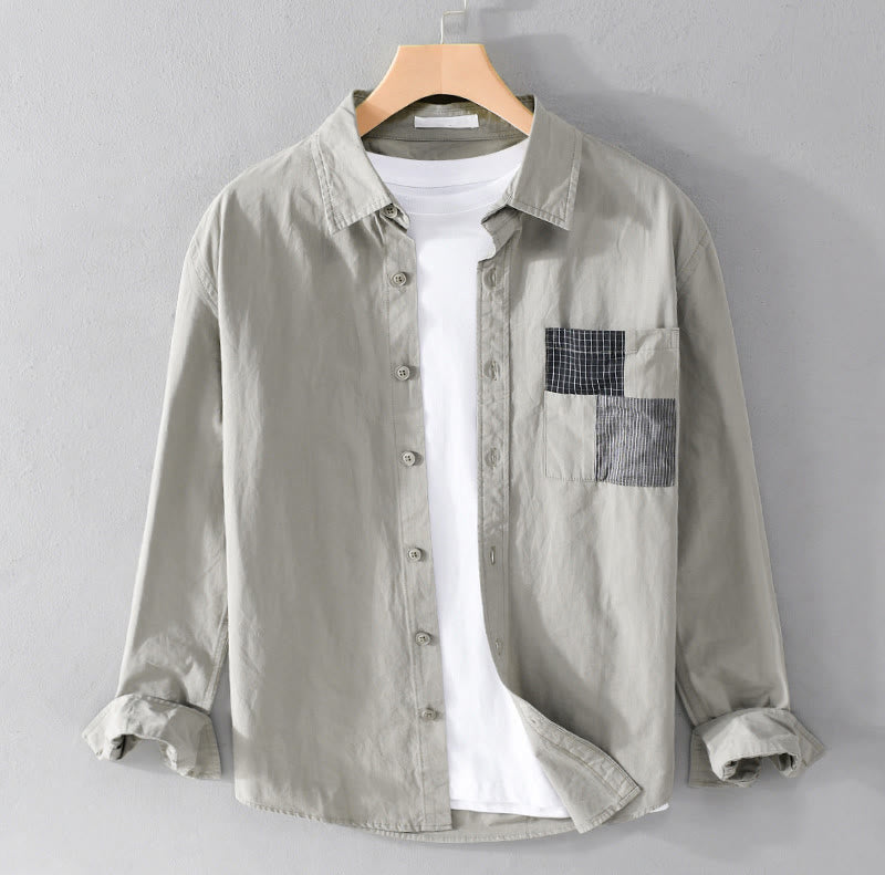 Buddha Stones Spring Daily Line Patchwork Design Lapel Men's Long Sleeve Cotton Linen Shirt With Pockets - DarkSeaGreen - US/UK/AU42,EU52 (3XL) - image 0