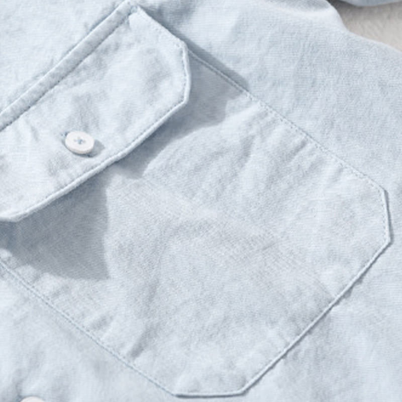 Buddha Stones Daily Pure Color Lapel Men's Short Sleeve Cotton Linen Shirt With Pockets - image 5