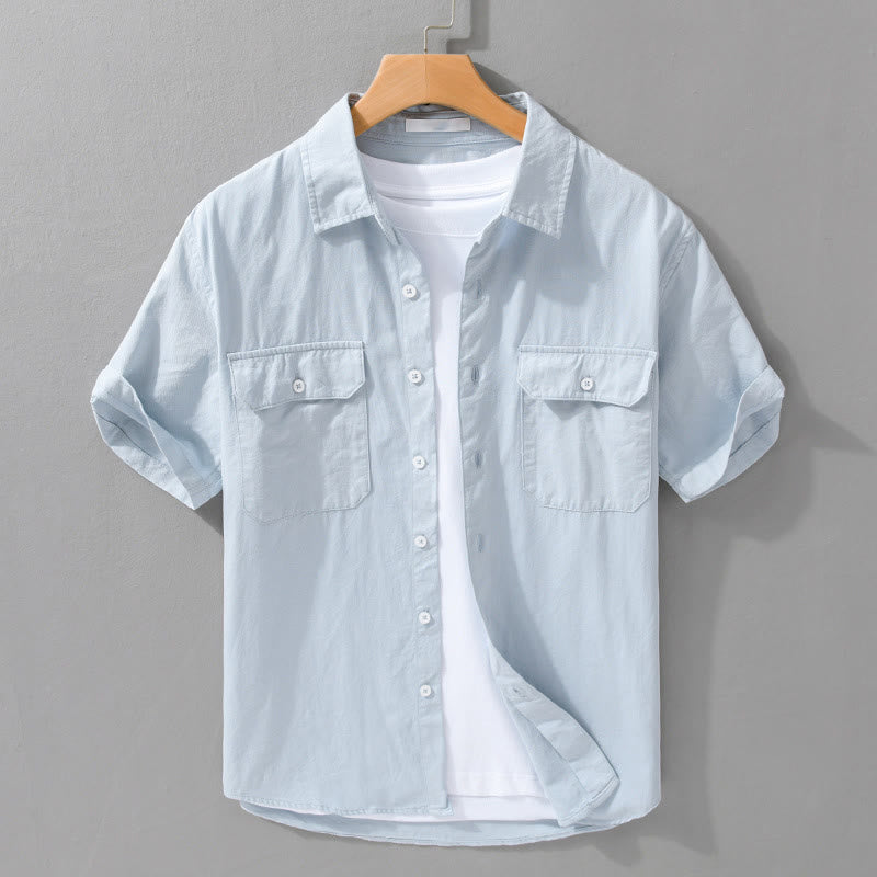 Buddha Stones Daily Pure Color Lapel Men's Short Sleeve Cotton Linen Shirt With Pockets - LightBlue - US/UK/AU42,EU52 (3XL) - image 2