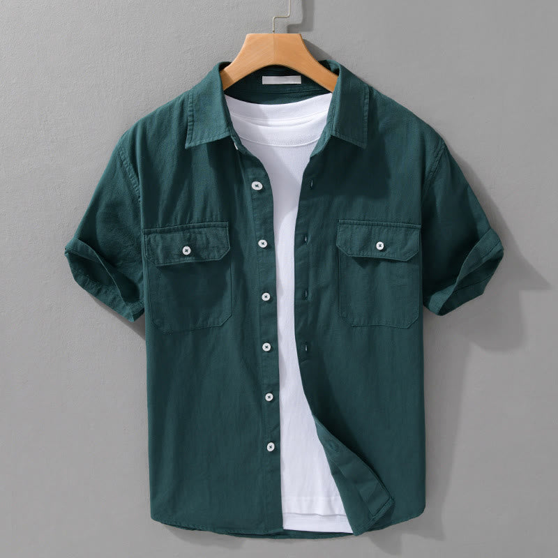 Buddha Stones Daily Pure Color Lapel Men's Short Sleeve Cotton Linen Shirt With Pockets - DarkSlateGray - US/UK/AU42,EU52 (3XL) - image 9