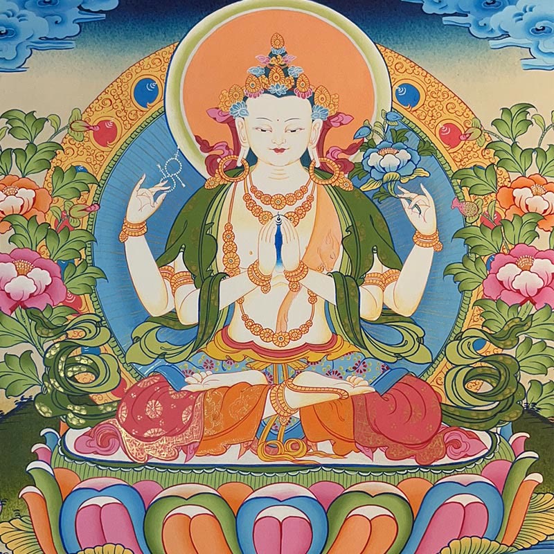 Peinture de Thangka tibétain Foviel - Dieu de la richesse jaune, Tara verte, Avalokitesvara - Décoration faite à la main, boîte mystère (style aléatoire)