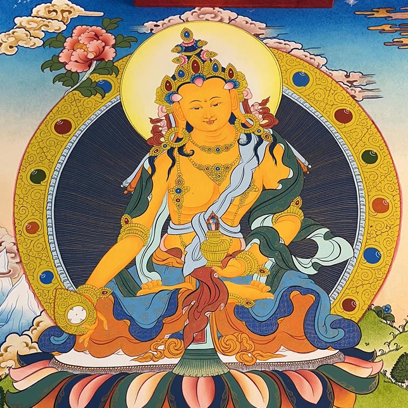 Peinture de Thangka tibétain Foviel - Dieu de la richesse jaune, Tara verte, Avalokitesvara - Décoration faite à la main, boîte mystère (style aléatoire)