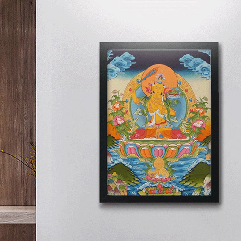Peinture de Thangka tibétain Foviel - Dieu de la richesse jaune, Tara verte, Avalokitesvara - Décoration faite à la main, boîte mystère (style aléatoire)