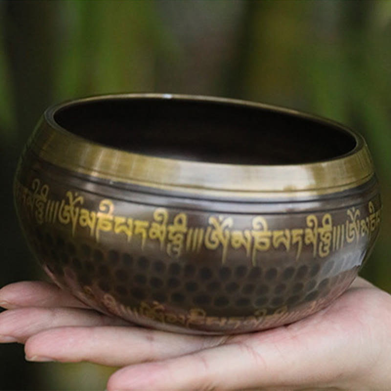 Bol chantant artisanal Foviel avec motifs d'écritures pour la guérison et la méditation, ensemble de bol sonore