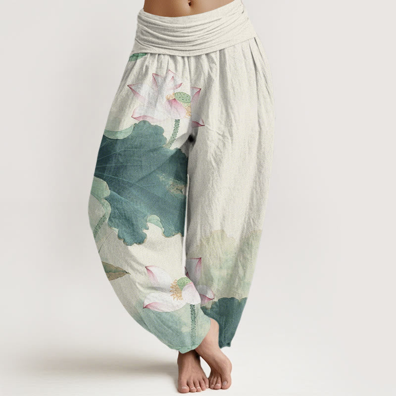 Buddha Stones Cotton Casual Lotus Petal Pods Pattern Women's Elastic Waist Harem Pants - MediumAquamarine - US22,UK/AU26,EU54 (6XL) - image 0