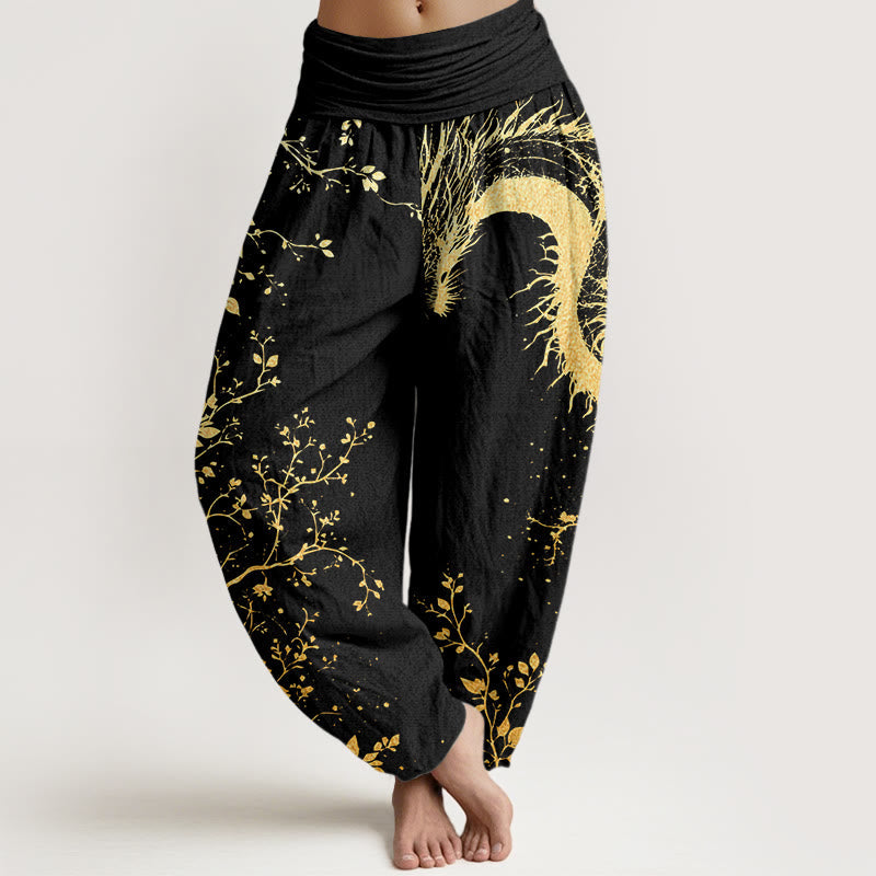 Buddha Stones Cotton Casual Dragon Flower Leaf Pattern Women's Elastic Waist Harem Pants - Black - US22,UK/AU26,EU54 (6XL) - image 0