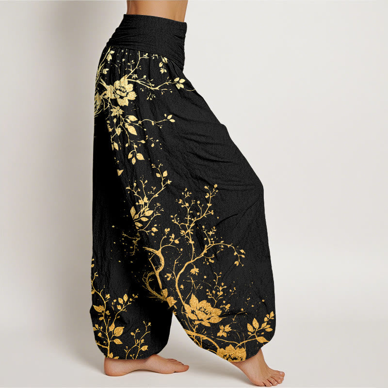Buddha Stones Cotton Casual Dragon Flower Leaf Pattern Women's Elastic Waist Harem Pants - image 1