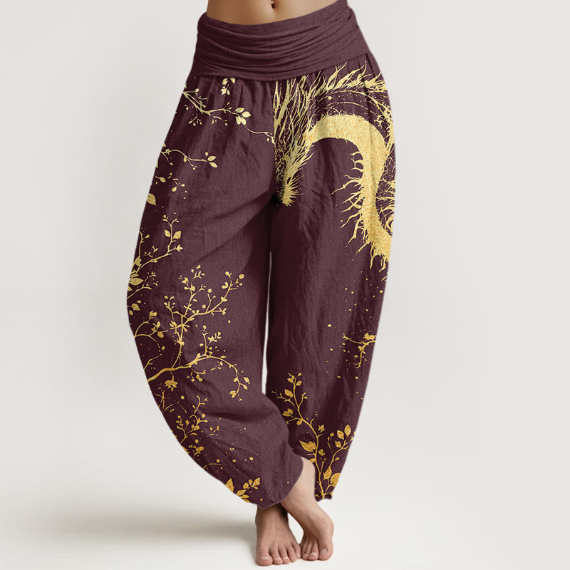 Buddha Stones Cotton Casual Dragon Flower Leaf Pattern Women's Elastic Waist Harem Pants - Maroon - US22,UK/AU26,EU54 (6XL) - image 4