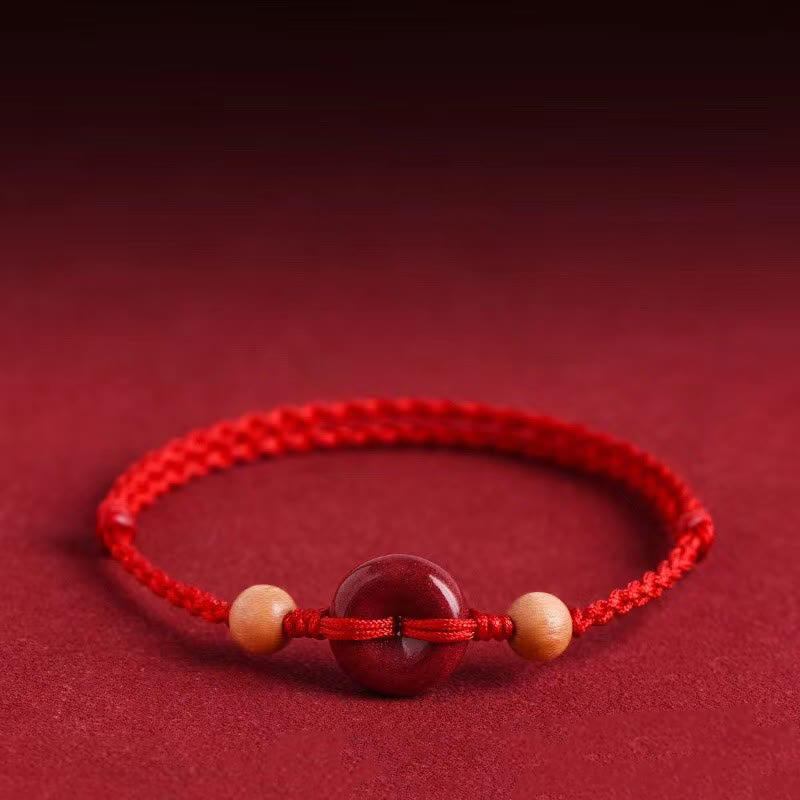 Foviel Peach Wood Peace Buckle Cinnabar Wealth String Bracelet Anklet