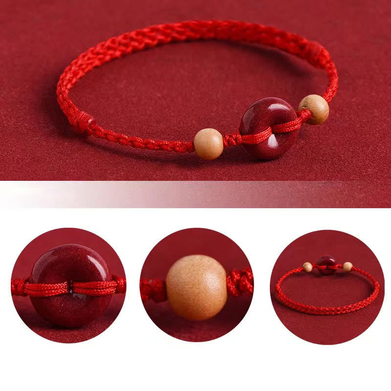 Foviel Peach Wood Peace Buckle Cinnabar Wealth String Bracelet Anklet