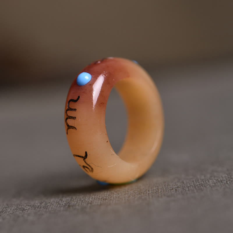 Bague de protection Foviel sculptée en os de chameau avec inscription Om Mani Padme Hum