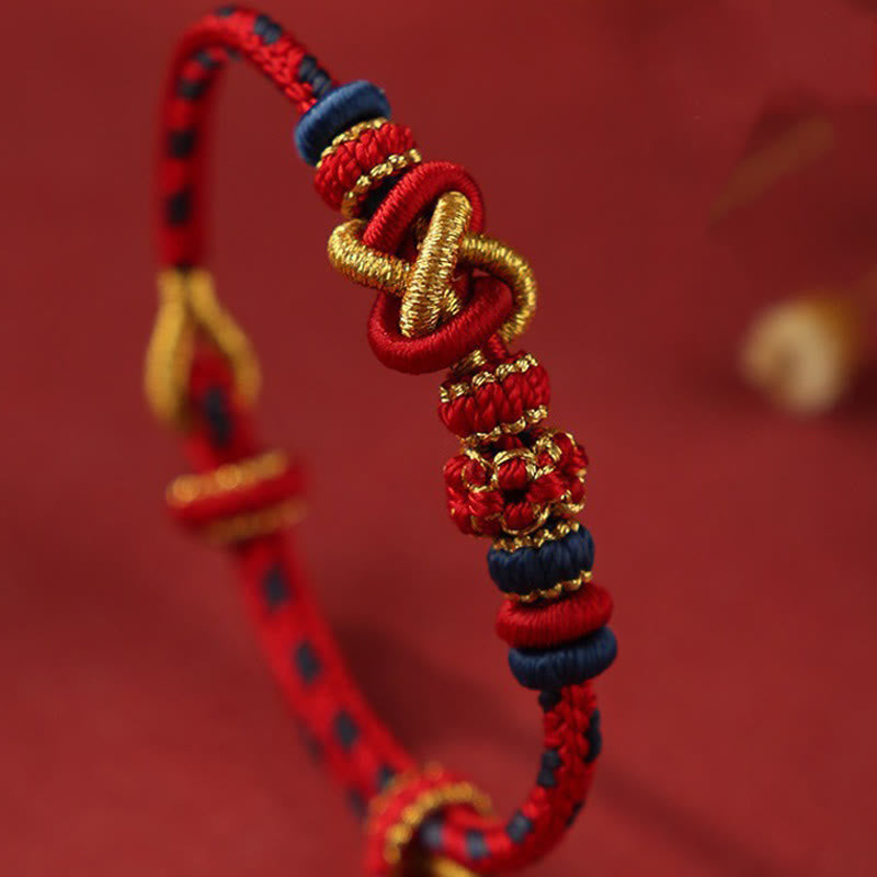Bracelet réglable Foviel fait main en corde colorée avec nœud de paix et fleur de pêcher