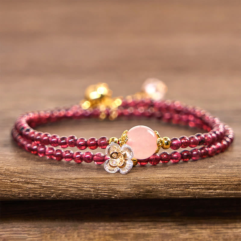 Foviel Natural Flower Garnet Pink Crystal Calm Double Wrap Bracelet