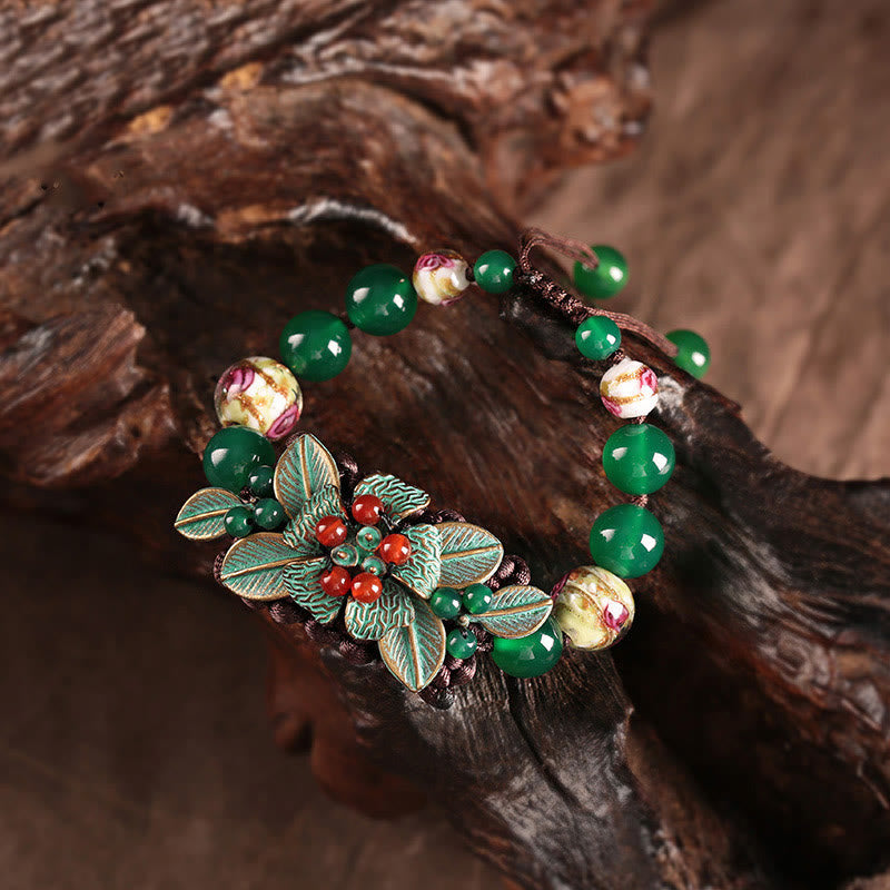 Foviel Green Agate Glass Flower Beads Braided Knot Support Bracelet