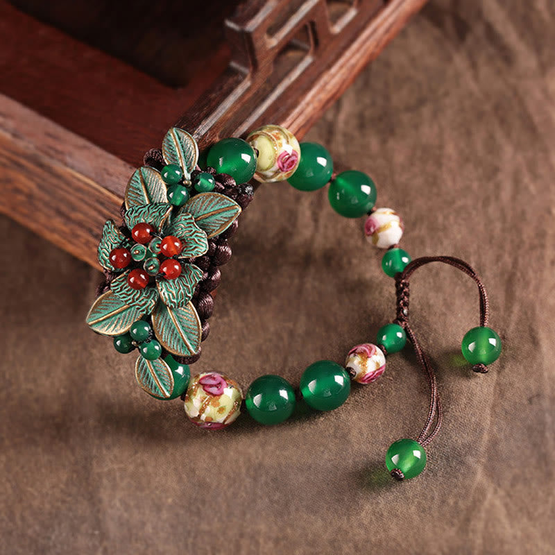 Foviel Green Agate Glass Flower Beads Braided Knot Support Bracelet