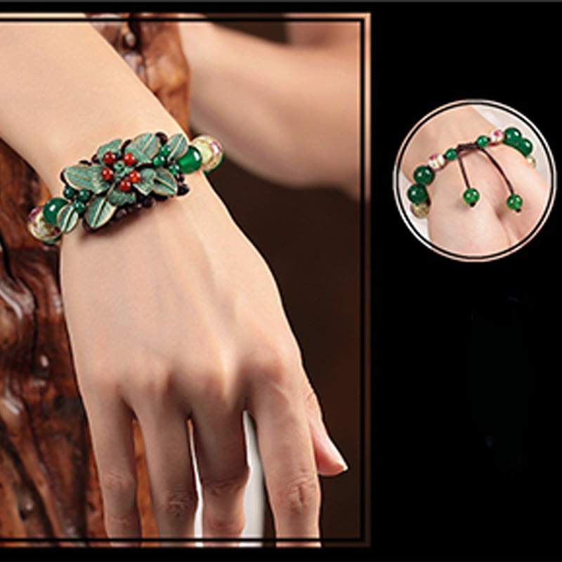 Foviel Green Agate Glass Flower Beads Braided Knot Support Bracelet