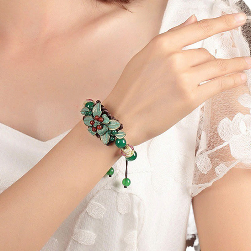 Foviel Green Agate Glass Flower Beads Braided Knot Support Bracelet