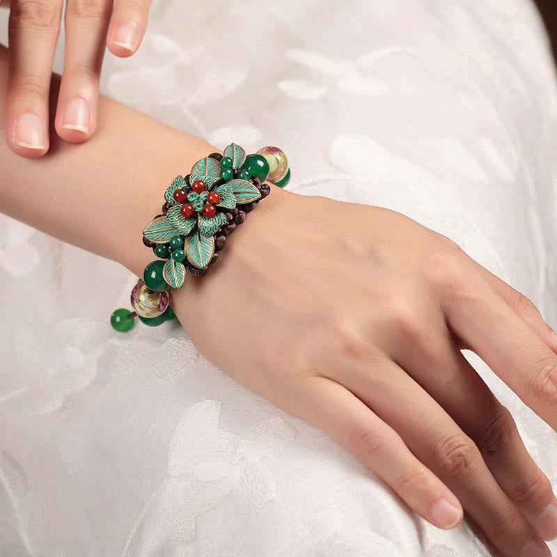 Foviel Green Agate Glass Flower Beads Braided Knot Support Bracelet