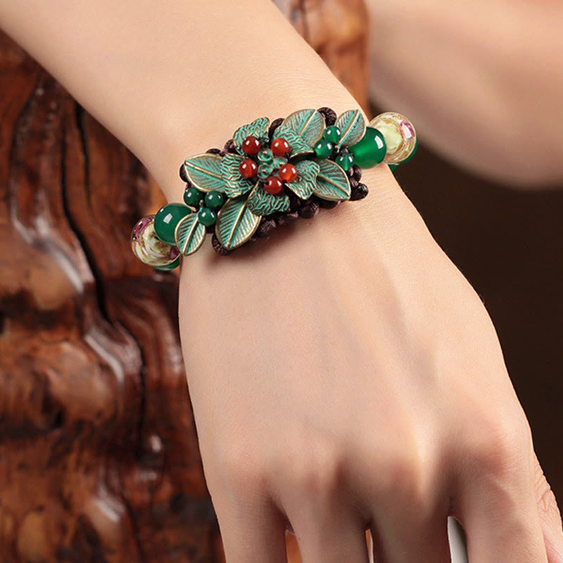 Foviel Green Agate Glass Flower Beads Braided Knot Support Bracelet