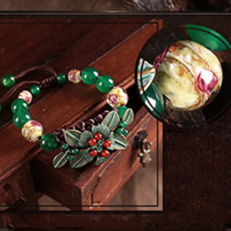 Foviel Green Agate Glass Flower Beads Braided Knot Support Bracelet