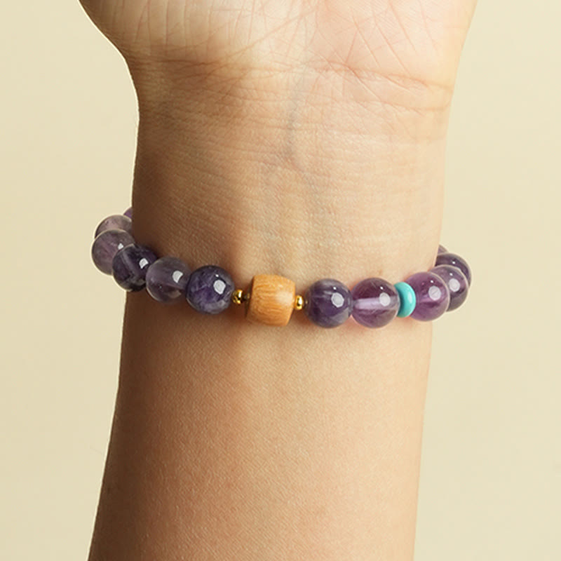 Foviel Natural Amethyst Lucky Wooden Beads Peace Bracelet