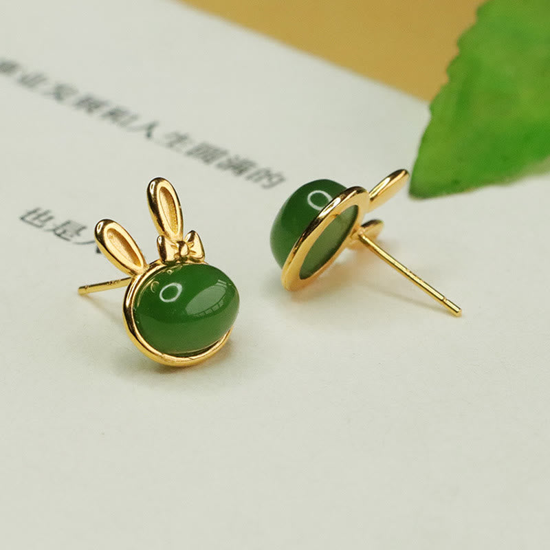 Foviel 925 Sterling Silver Hetian Cyan Jade Cute Rabbit Luck Stud Earrings