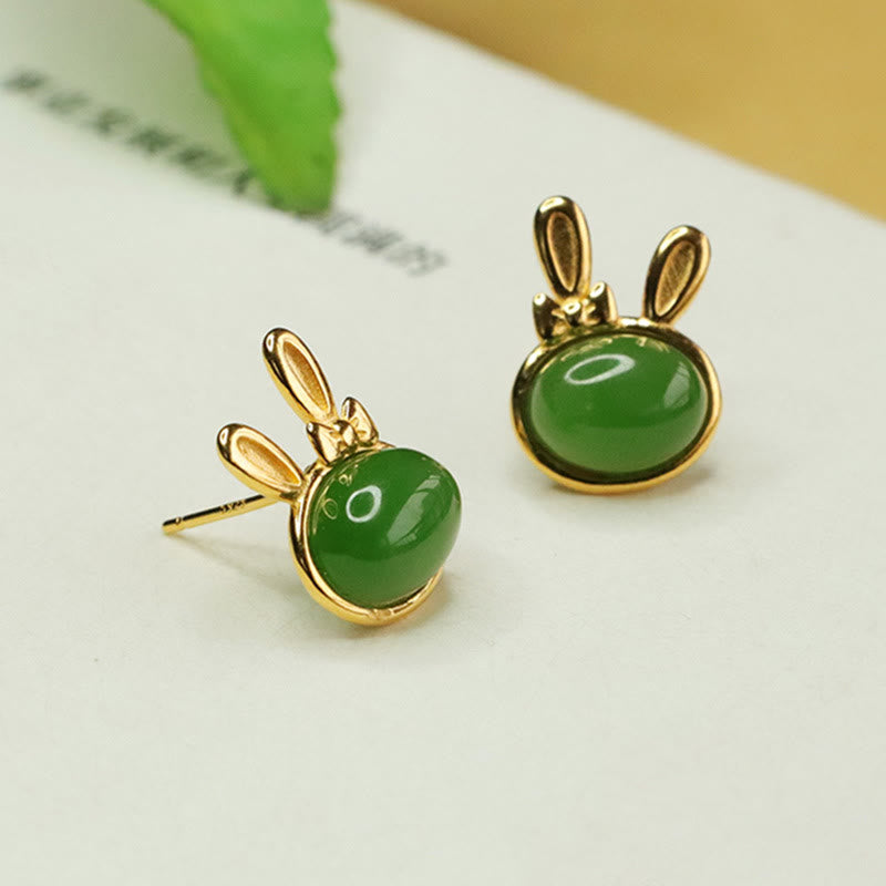 Foviel 925 Sterling Silver Hetian Cyan Jade Cute Rabbit Luck Stud Earrings