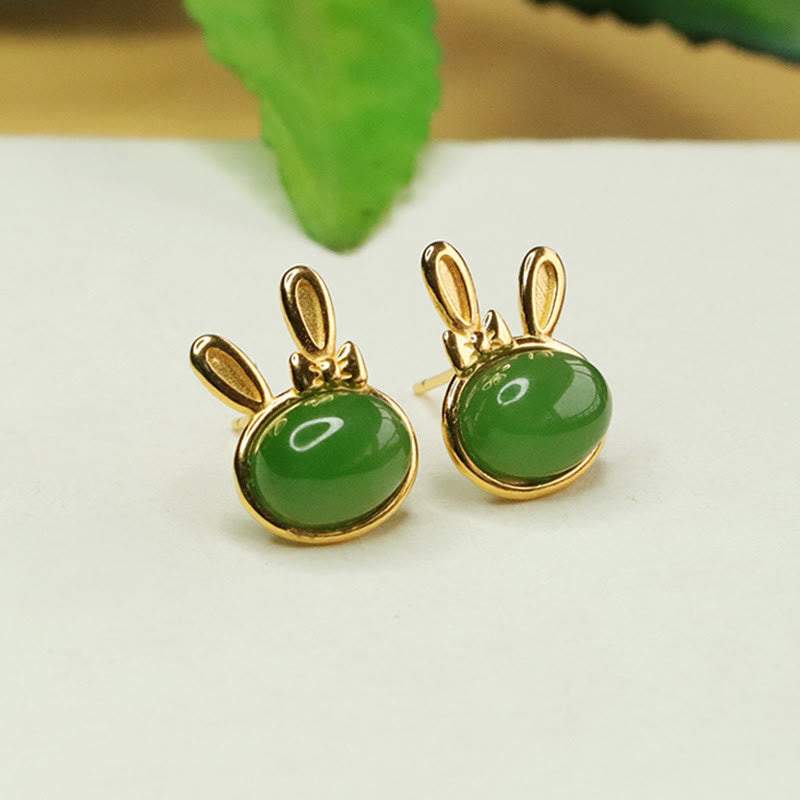 Foviel 925 Sterling Silver Hetian Cyan Jade Cute Rabbit Luck Stud Earrings