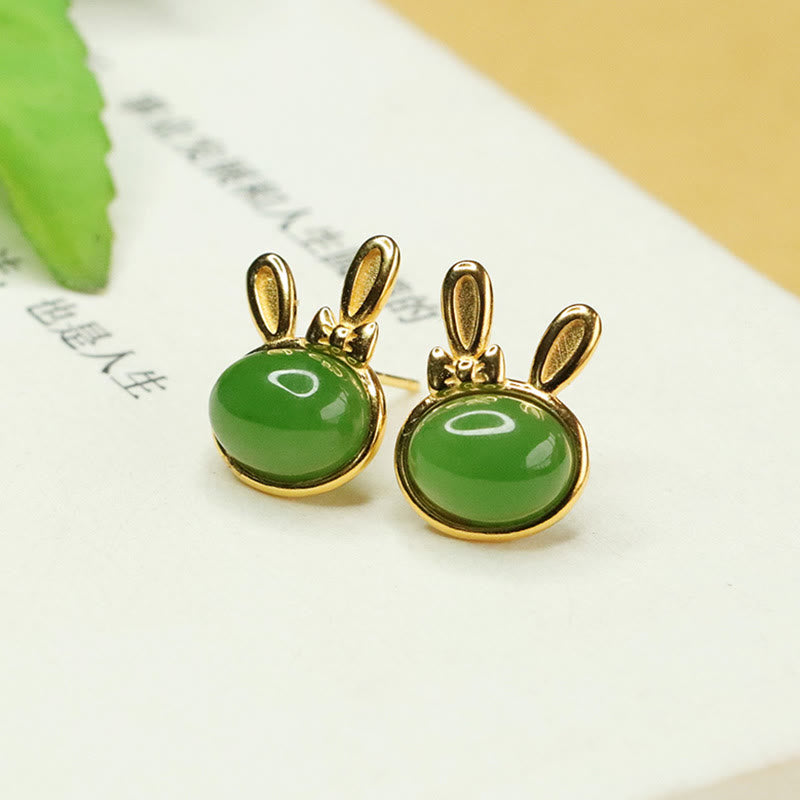 Foviel 925 Sterling Silver Hetian Cyan Jade Cute Rabbit Luck Stud Earrings