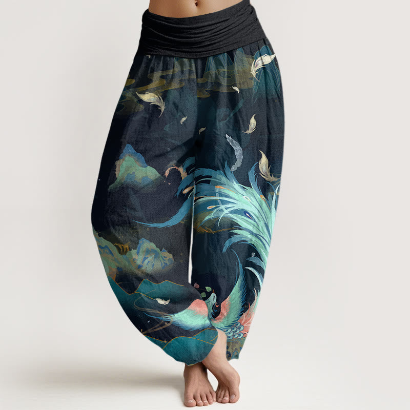 Buddha Stones Cotton Phoenix Mountain Cloud Pattern Women's Elastic Waist Harem Pants - DarkCyan - US22,UK/AU26,EU54 (6XL) - image 0