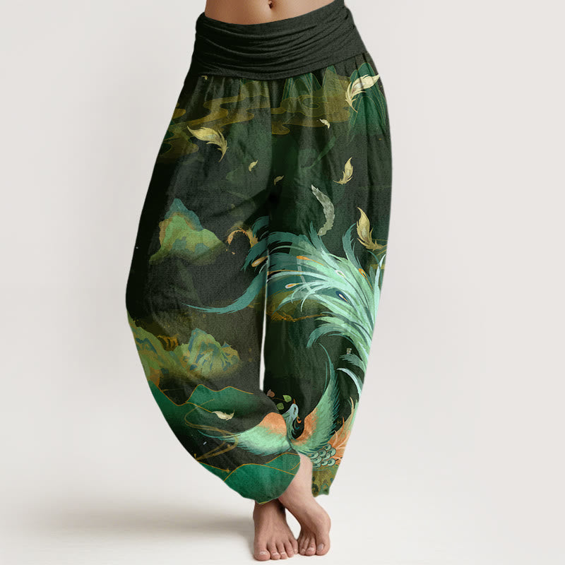 Buddha Stones Cotton Phoenix Mountain Cloud Pattern Women's Elastic Waist Harem Pants - OliveDrab - US22,UK/AU26,EU54 (6XL) - image 4