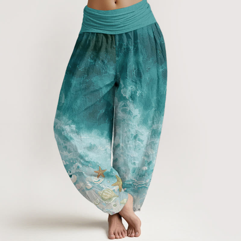 Pantalon sarouel pour femme Foviel en pur coton à motif océan avec taille élastique