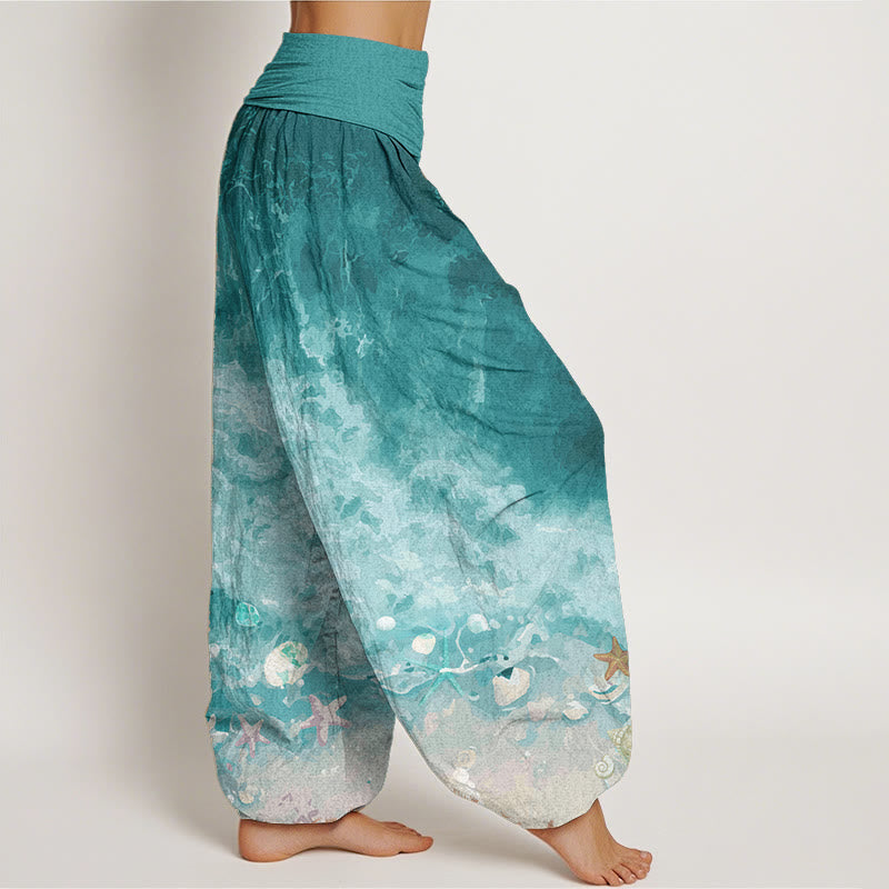 Pantalon sarouel pour femme Foviel en pur coton à motif océan avec taille élastique