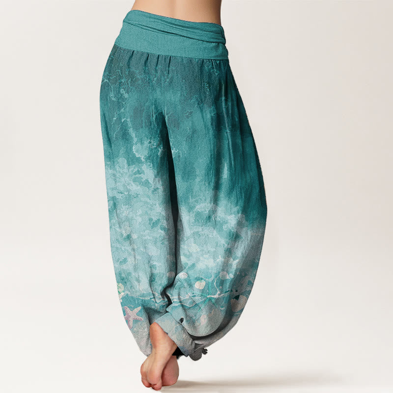 Pantalon sarouel pour femme Foviel en pur coton à motif océan avec taille élastique