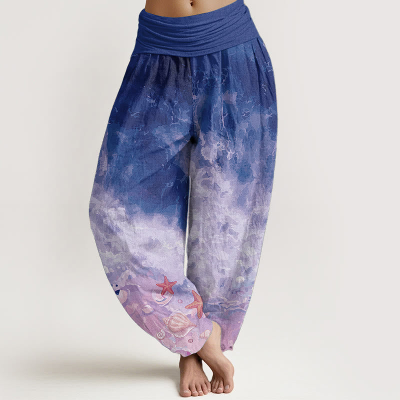 Pantalon sarouel pour femme Foviel en pur coton à motif océan avec taille élastique