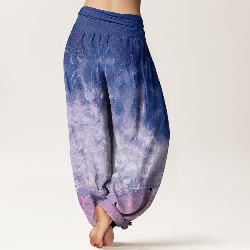 Pantalon sarouel pour femme Foviel en pur coton à motif océan avec taille élastique