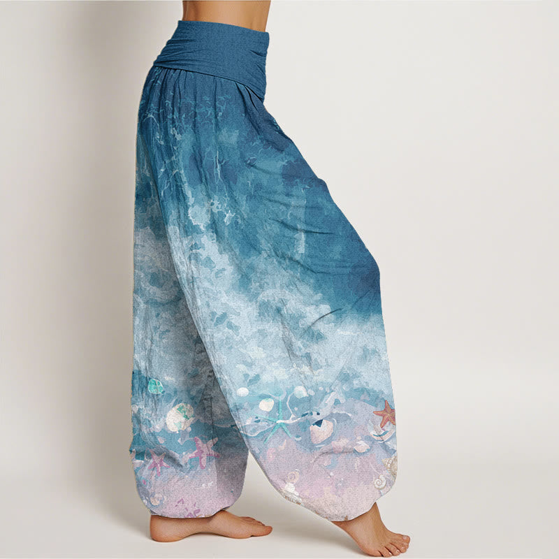 Pantalon sarouel pour femme Foviel en pur coton à motif océan avec taille élastique