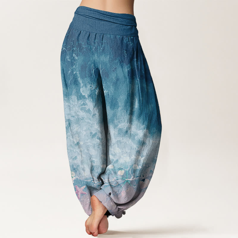 Pantalon sarouel pour femme Foviel en pur coton à motif océan avec taille élastique