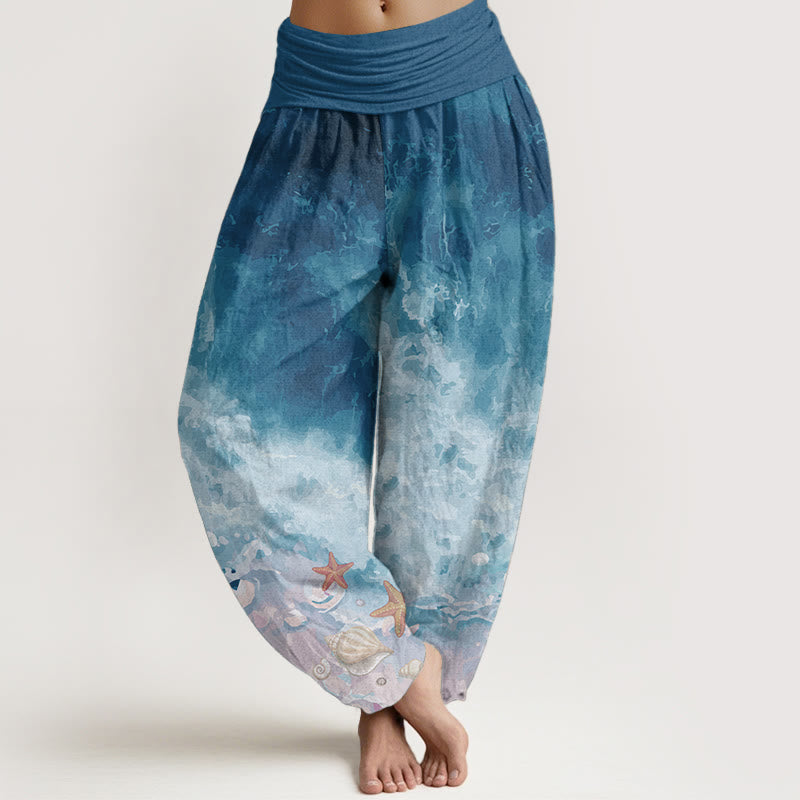 Pantalon sarouel pour femme Foviel en pur coton à motif océan avec taille élastique