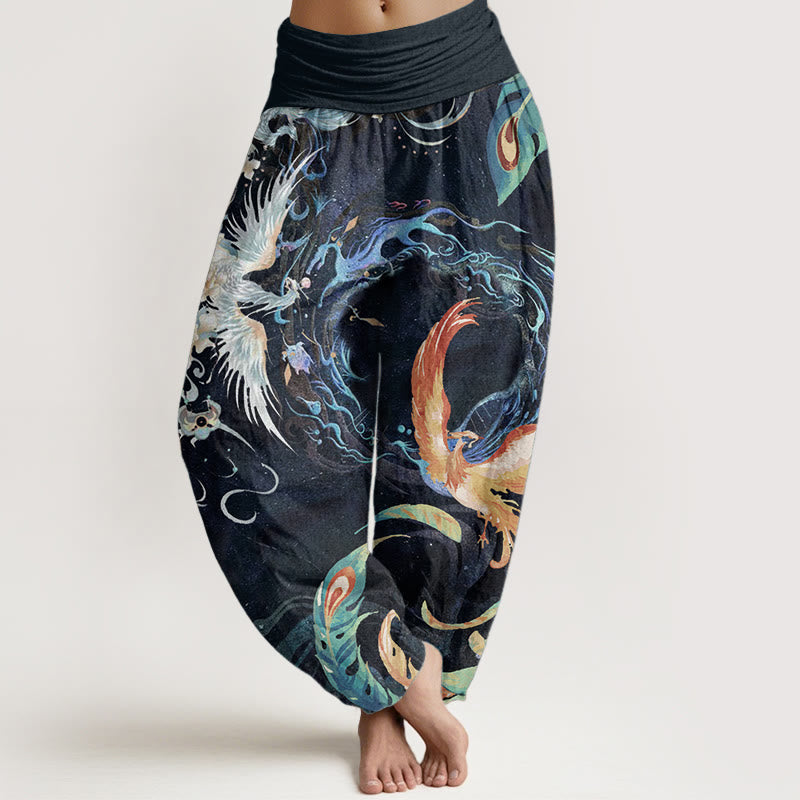 Buddha Stones Pure Cotton Phoenix Flower Pattern Women's Elastic Waist Harem Pants - Black - US22,UK/AU26,EU54 (6XL) - image 0