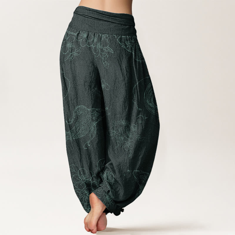 Pantalon sarouel pour femme Foviel en pur coton à motif floral et poissons koï avec taille élastique