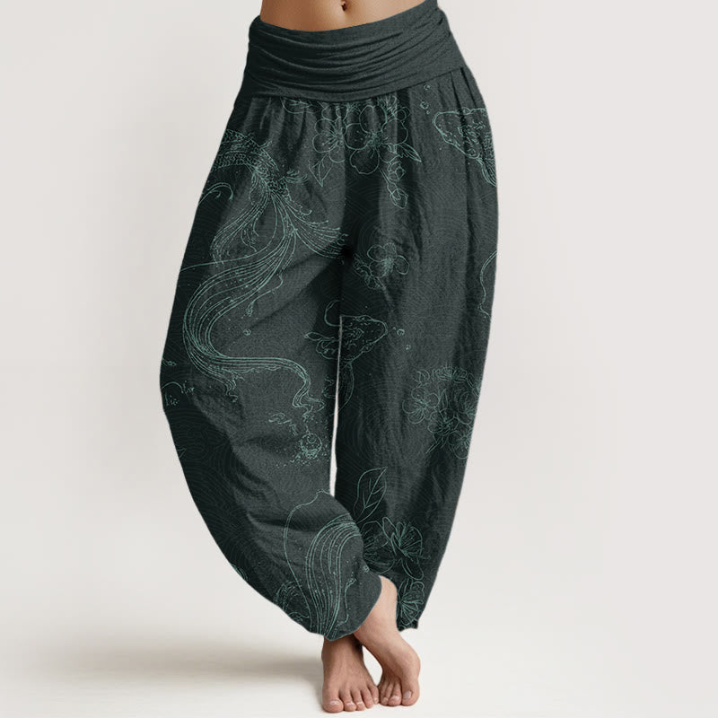 Pantalon sarouel pour femme Foviel en pur coton à motif floral et poissons koï avec taille élastique