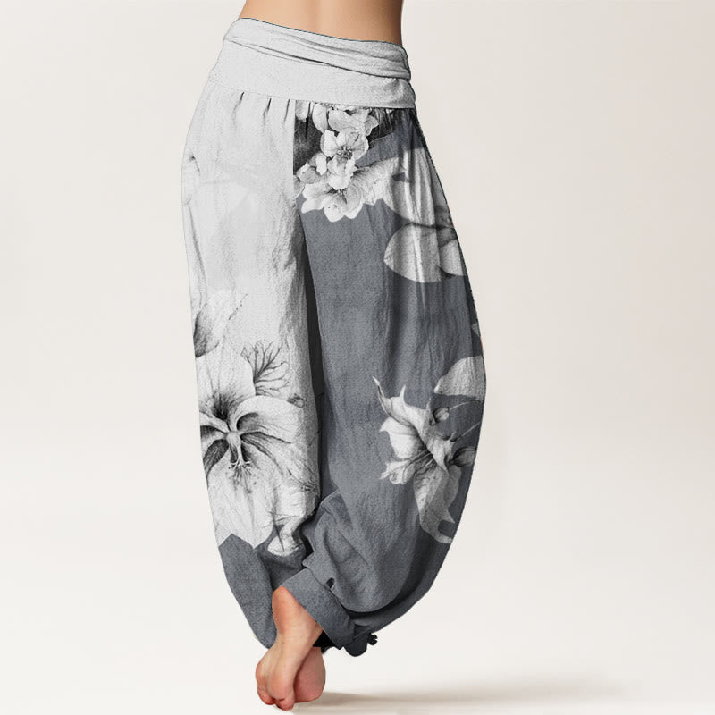 Pantalon sarouel pour femme Foviel en pur coton à motif camélia avec taille élastique