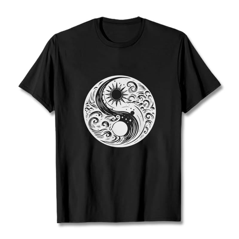 Foviel Sun Moon Waves Yin Yang Pattern Cotton Tee T-shirt