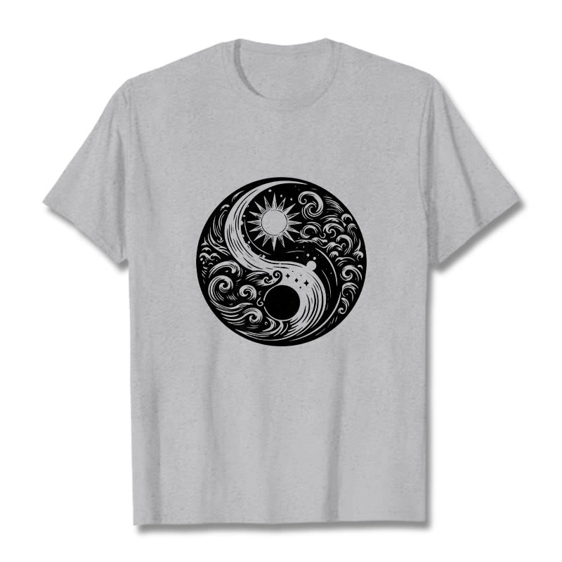 Foviel Sun Moon Waves Yin Yang Pattern Cotton Tee T-shirt