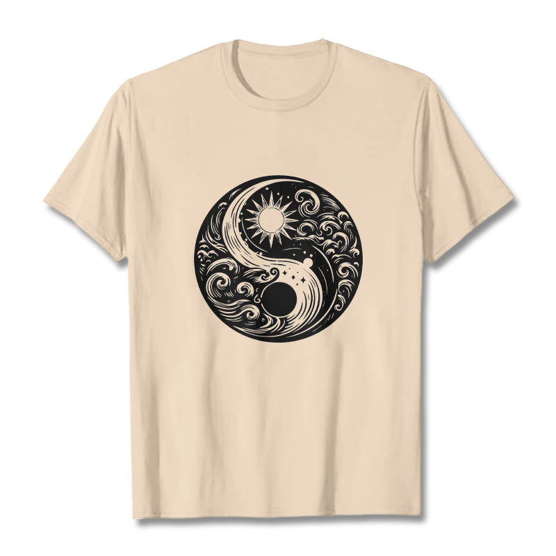 Foviel Sun Moon Waves Yin Yang Pattern Cotton Tee T-shirt