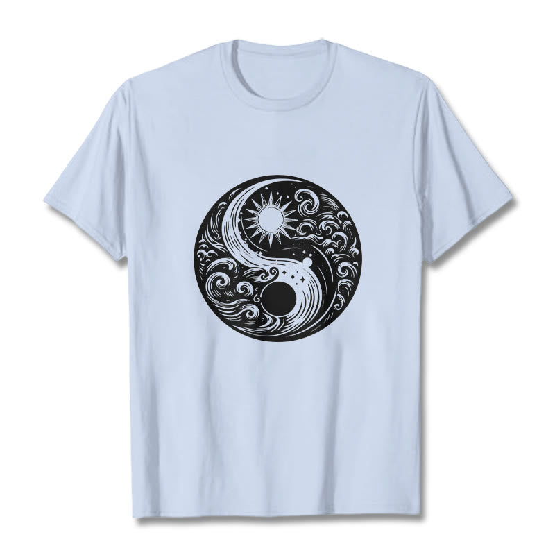 Foviel Sun Moon Waves Yin Yang Pattern Cotton Tee T-shirt