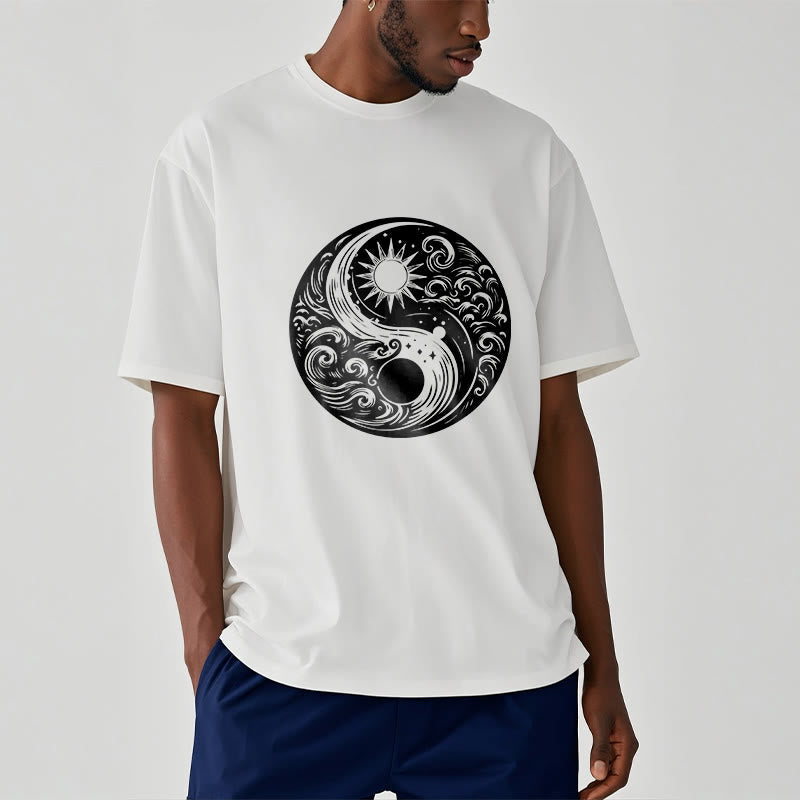 T-shirt en coton Foviel à motif vagues, soleil, lune et yin yang