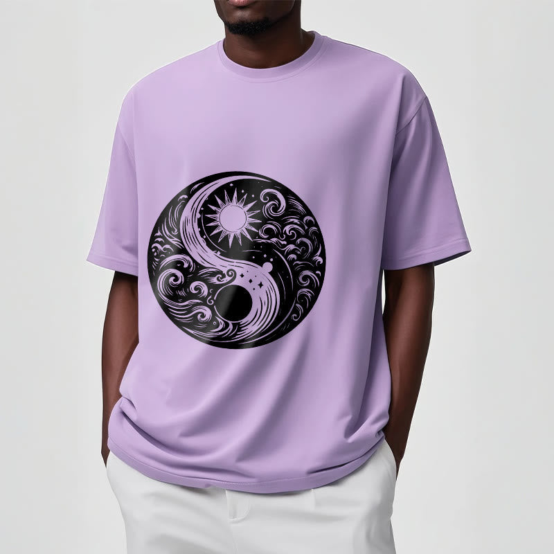 Foviel Sun Moon Waves Yin Yang Pattern Cotton Tee T-shirt